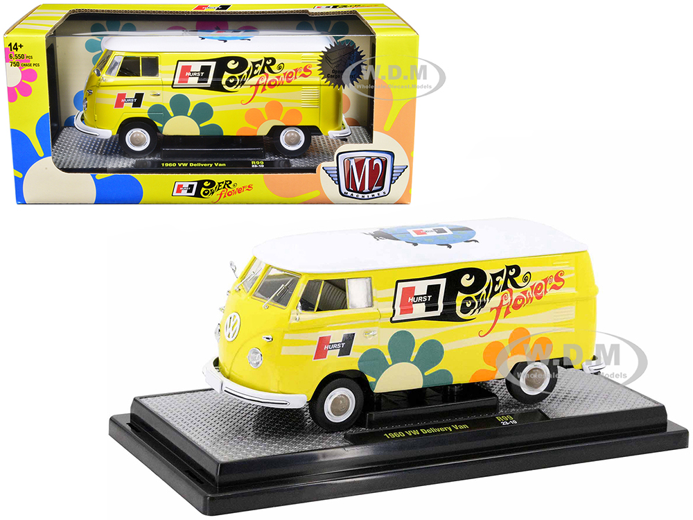 1960 Volkswagen Delivery Van Yellow with Bright White Top and Flower Graphics Hurst Power Flowers Limited Edition to 6550 pieces Worldwide 1/24 Diecast Model Car by M2 Machines