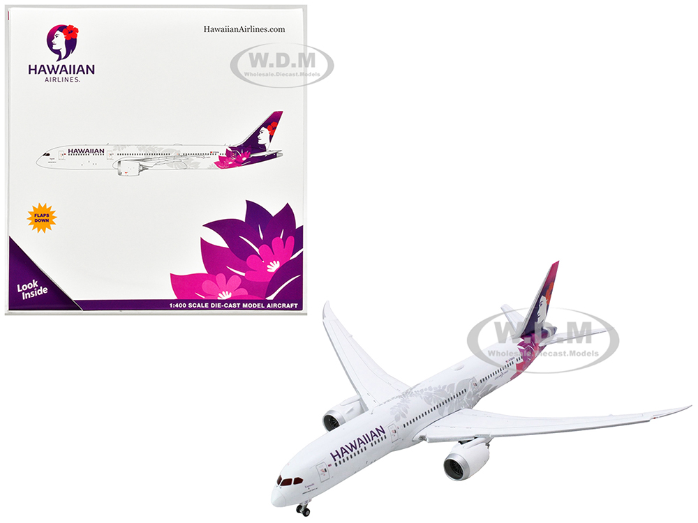 Boeing 787-9 Dreamliner Commercial Aircraft with Flaps Down Hawaiian Airlines (N780HA) White with Purple Tail 1/400 Diecast Model Airplane by GeminiJets