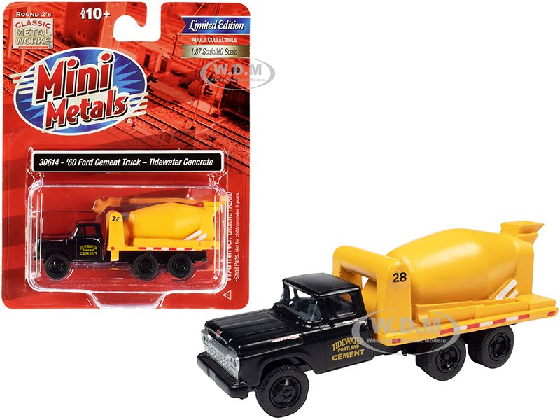 1960 Ford Cement Mixer Truck Tidewater Concrete Black and Yellow 1/87 (HO) Scale Model by Classic Metal Works