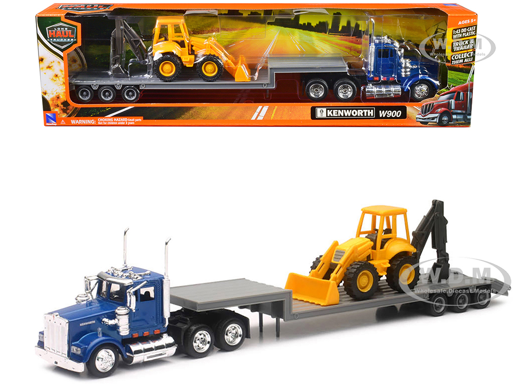 Kenworth W900 Truck with Lowboy Trailer Blue and Backhoe Yellow "Long Haul Trucker" Series 1/43 Diecast Model by New Ray