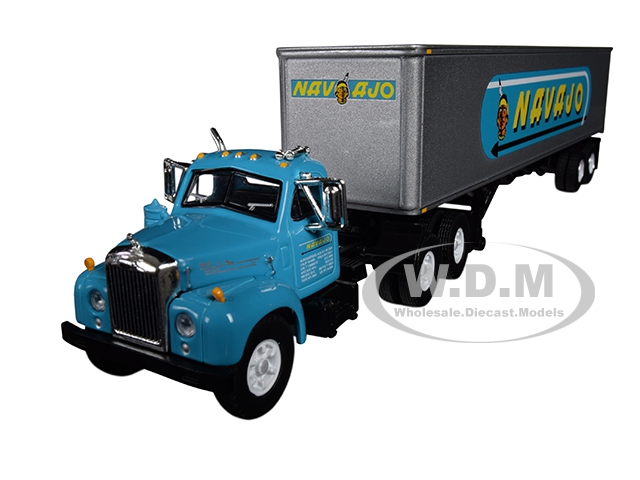Image of Mack B-61 Day Cab with 40 Vintage Trailer "Navajo" Turquoise and Silver 1/64 Diecast Model by First Gear