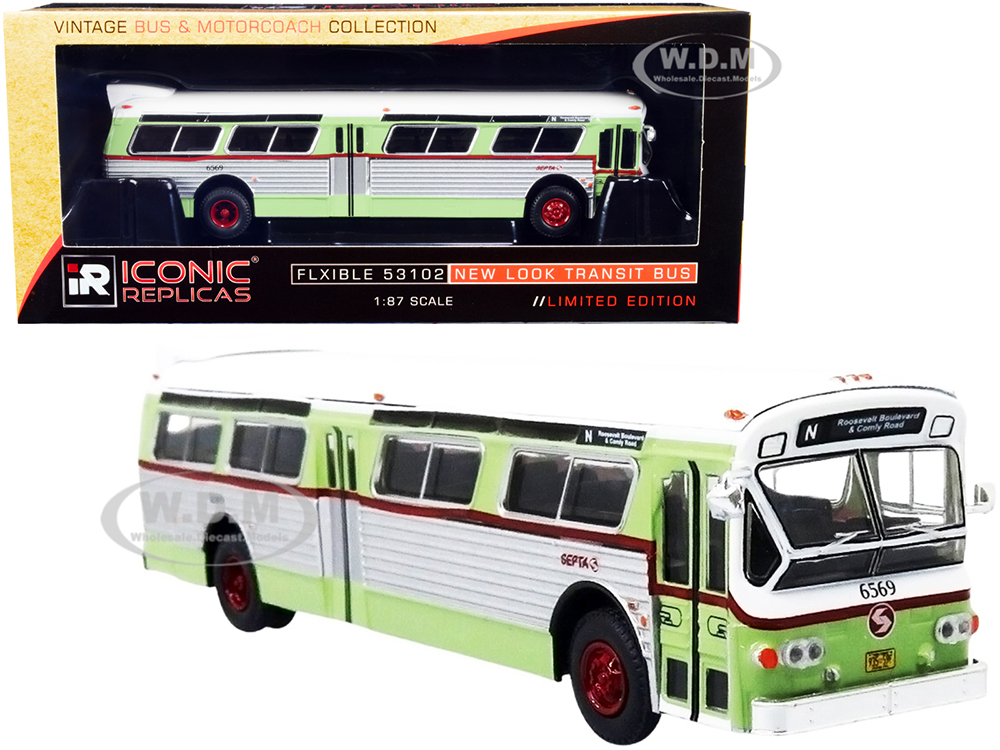 Flxible 53102 Transit Bus #N Roosevelt Blvd. & Comly Road SEPTA Philadelphia (Pennsylvania) Light Green and Silver with White Top Vintage Bus & Motorcoach Collection 1/87 (HO) Diecast Model by Iconic Replicas