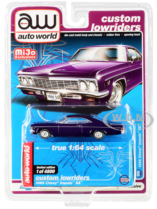 Image of 1966 Chevrolet Impala SS Dark Purple Metallic with White Interior "Custom Lowriders" Limited Edition to 4800 pieces Worldwide 1/64 Diecast Model Car