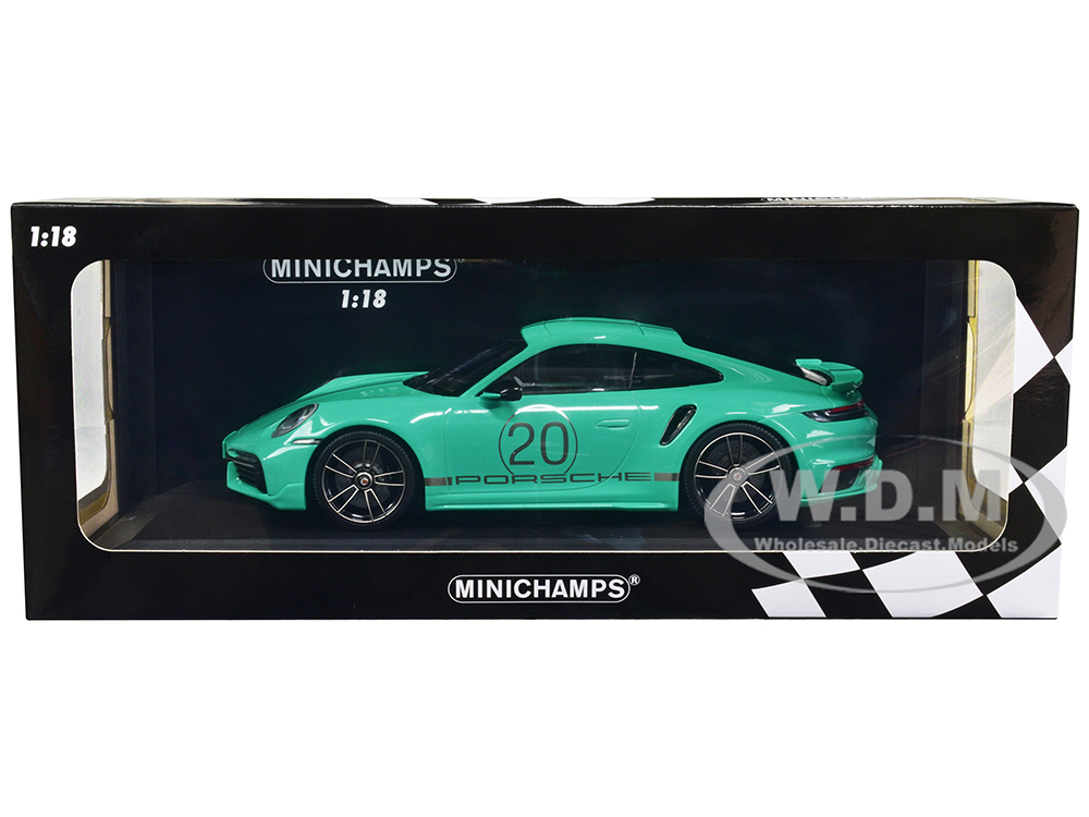 2021 Porsche 911 Turbo S with SportDesign Package 20 Green with Silver Stripes Limited Edition to 504 pieces Worldwide 1/18 Diecast Model Car by Mini