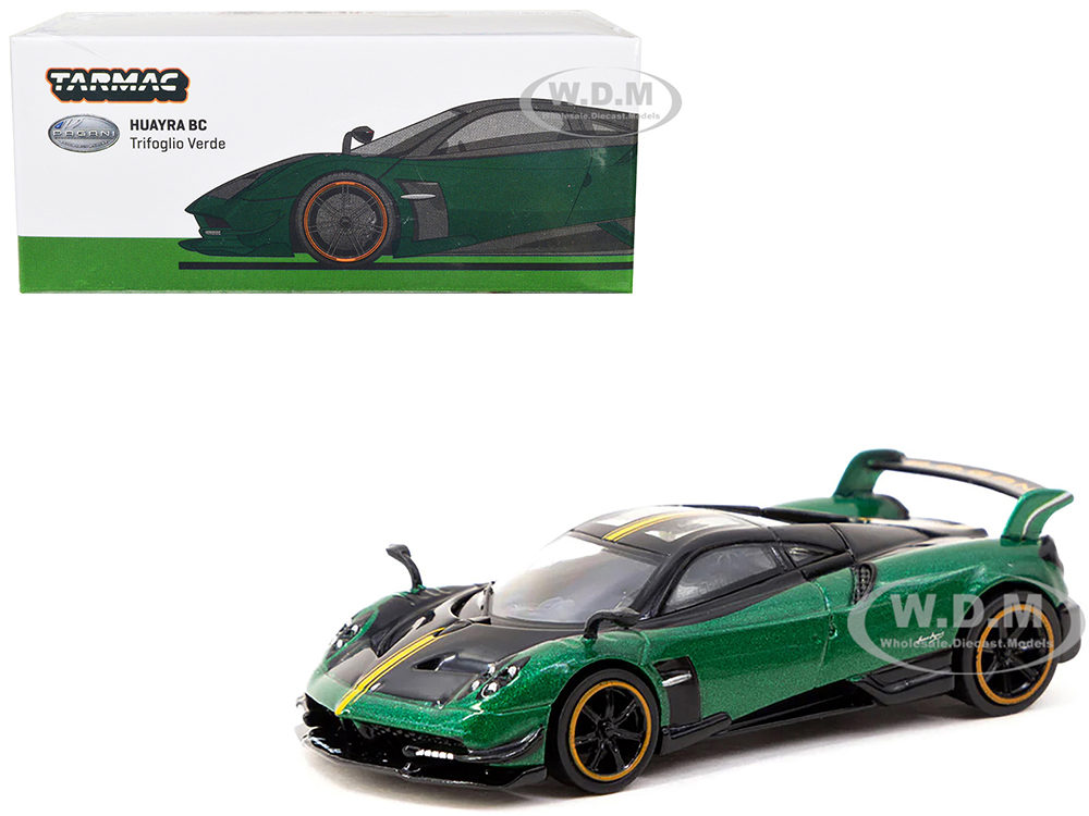 Pagani Huayra BC Trifoglio Verde Green Metallic and Black with Yellow Stripes Global64 Series 1/64 Diecast Model by Tarmac Works