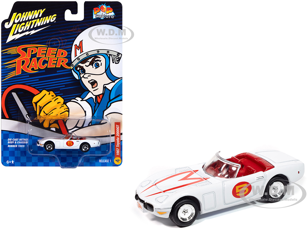 1967 Toyota 2000GT "Mach 5 Tribute" 5 White with Red Interior "Speed Racer" "Pop Culture" 2025 Release 1 1/64 Diecast Model Car by Johnny Lightning