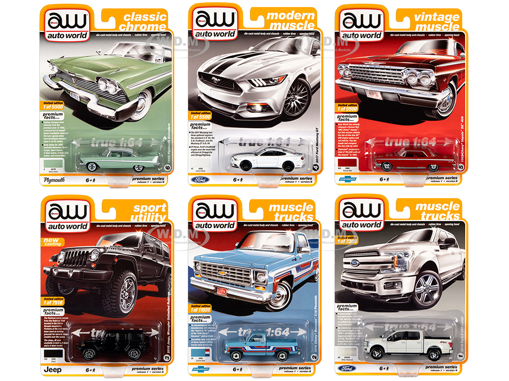 Autoworld Muscle Cars Premium 2020 Release 1 Set B Of 6 Pieces 1/64 Diecast Model Cars By Autoworld