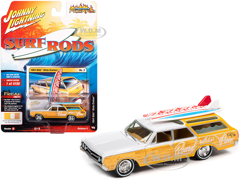 Image of 1964 Oldsmobile Vista Cruiser White and Pearl Yellow with Wood Paneling and Two Surfboards "Surf Rods" Limited Edition to 4156 pieces Worldwide 1/64