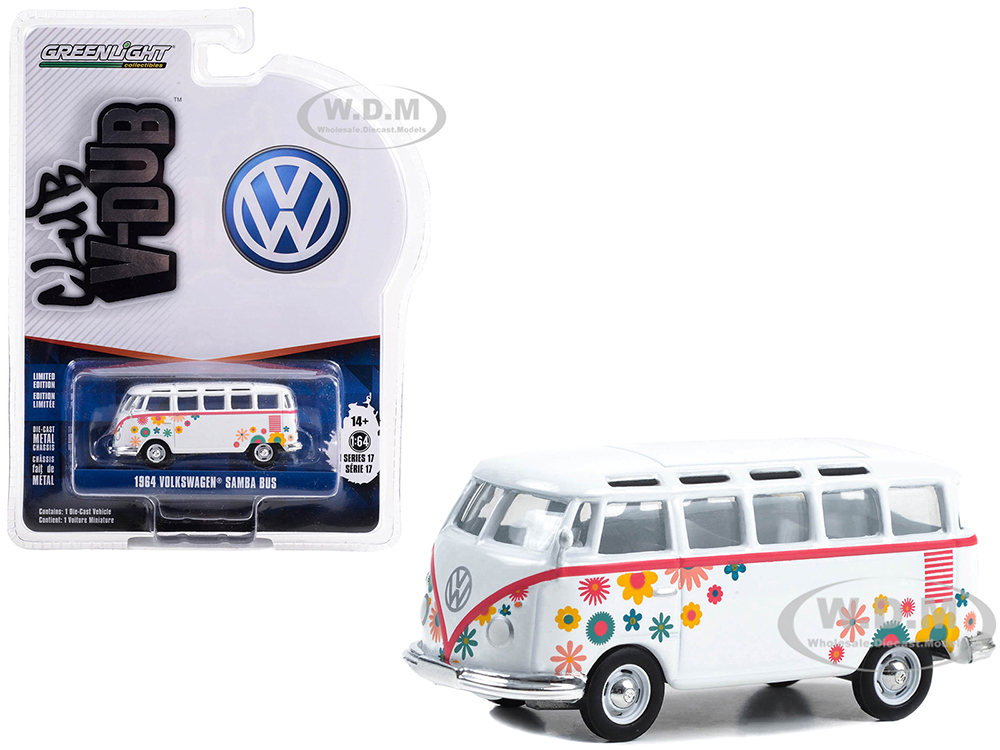1964 Volkswagen Type 2 (T1) Samba Bus White with Graphics "Flower Power" "Club Vee V-Dub" Series 17 1/64 Diecast Model Car by Greenlight