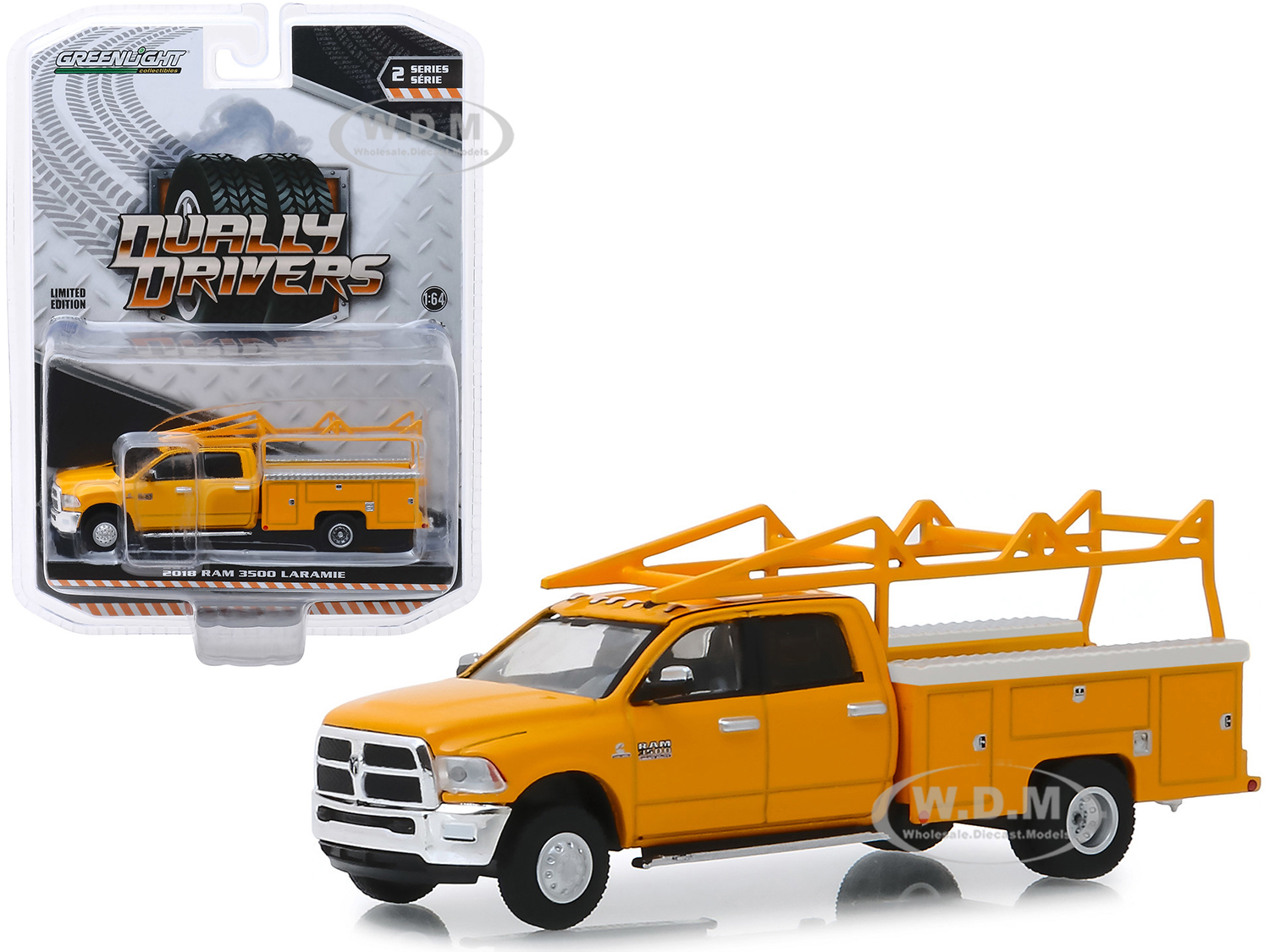Image of 2018 RAM 3500 Laramie Service Bed Truck with Ladder Rack Yellow "Dually Drivers" Series 2 1/64 Diecast Model Car by Greenlight