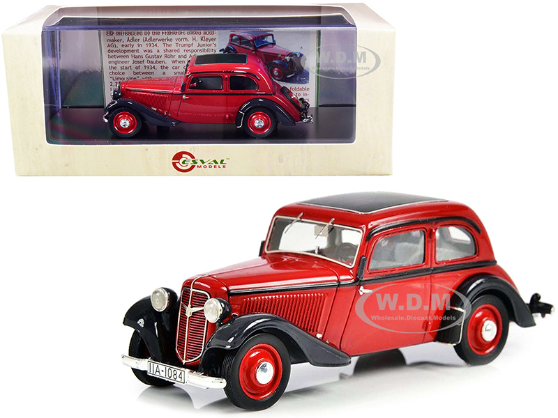 1934-1939 Adler Trumpf Junior Two-Door Sedan Red and Black Limited Edition to 250 pieces Worldwide 1/43 Model Car by Esval Models