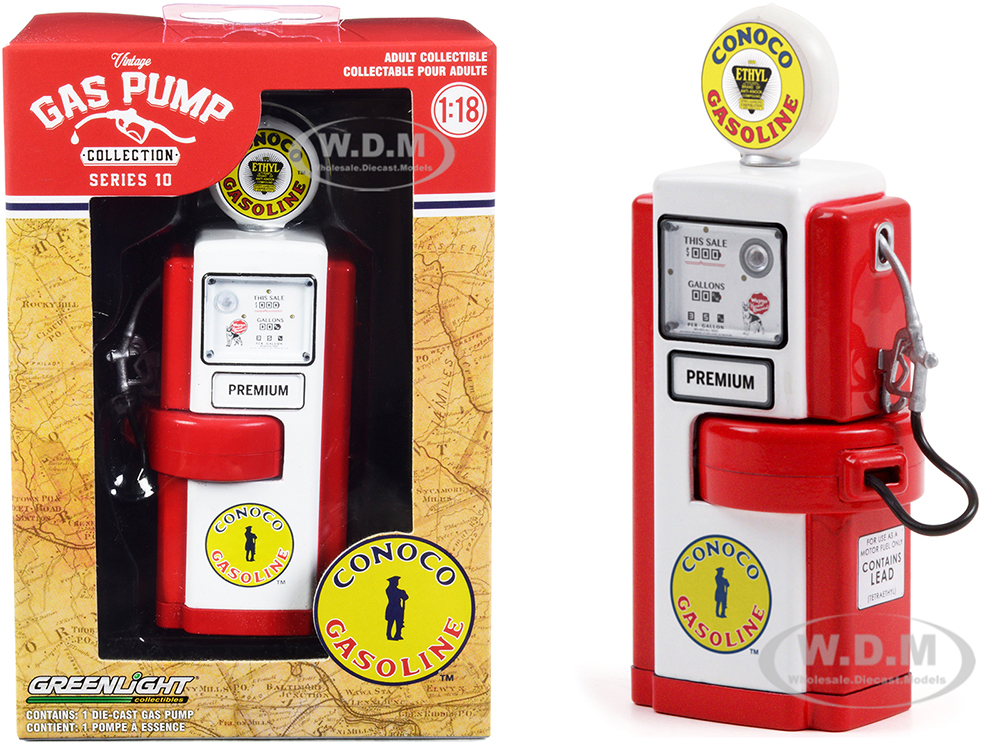 1948 Wayne 100-A Gas Pump "Conoco Gasoline" Red and White "Vintage Gas Pumps" Series 10 1/18 Diecast Model by Greenlight