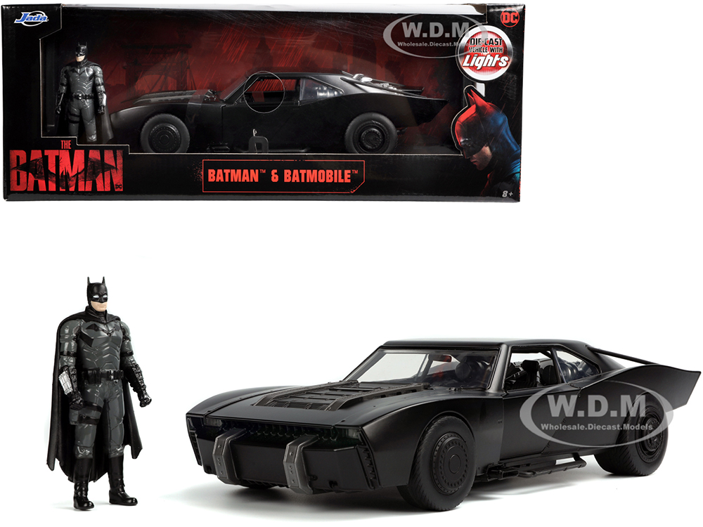 Batmobile Matt Black with Lights with Batman Diecast Figurine "The Batman" (2022) Movie "DC Comics" 1/18 Diecast Model Car by Jada