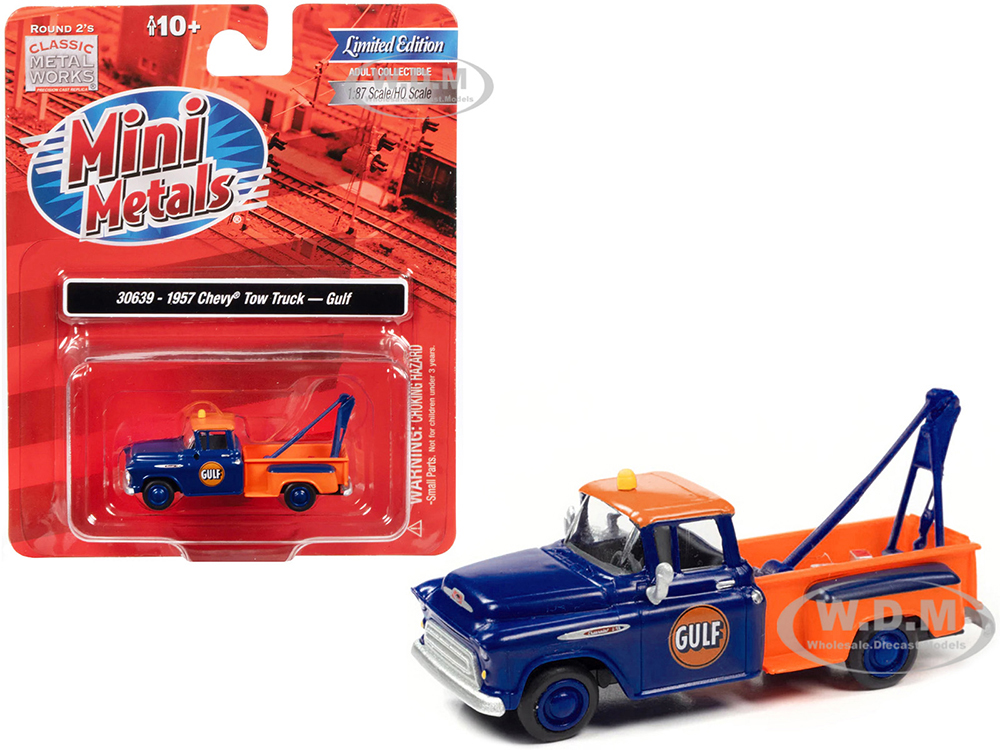 1957 Chevrolet Stepside Tow Truck "Gulf" Blue and Orange 1/87 (HO) Scale Model Car by Classic Metal Works
