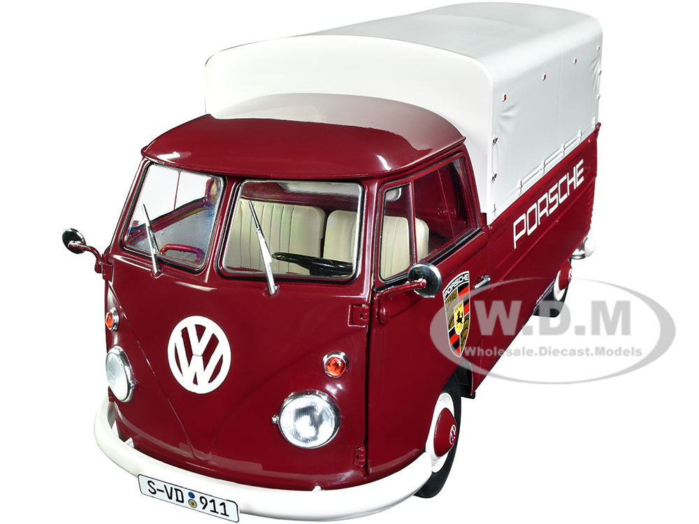 1950 Volkswagen T1 Pickup Truck with Camper Shell Dark Red Porsche Service 1/18 Diecast Model Car by Solido