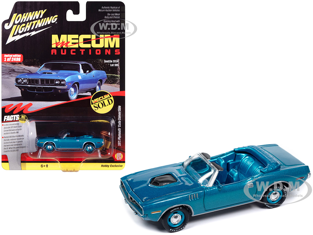 1971 Plymouth Barracuda Convertible Blue Fire Metallic with Blue Interior Mecum Auctions Limited Edition to 2496 pieces Worldwide Hobby Exclusive Series 1/64 Diecast Model Car by Johnny Lightning