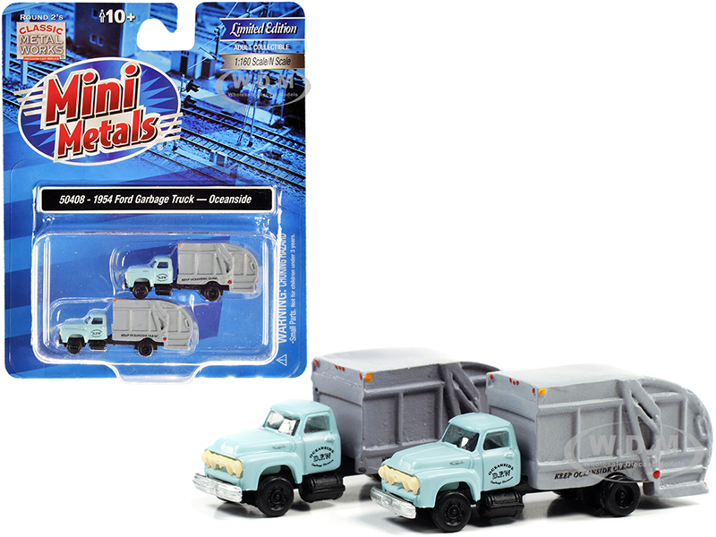 Image of 1957 Chevrolet Garbage Truck "Oceanside Department of Public Works" Light Blue and Gray Set of 2 pieces 1/160 (N) Scale Models by Classic Metal Works