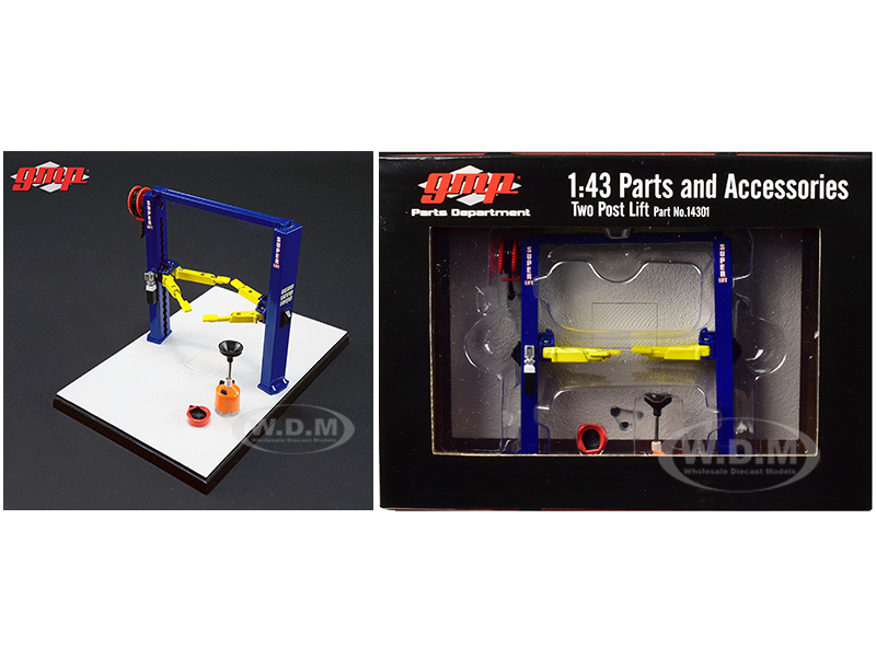 Two Post Lift Blue And Yellow For 1/43 Scale Diecast Model Cars By Gmp