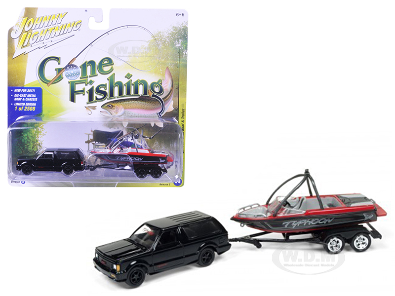 1992 GMC Typhoon Gloss Black with Boat &amp; Trailer "Gone Fishing" 1/64 Diecast Model Car by Johnny Lightning