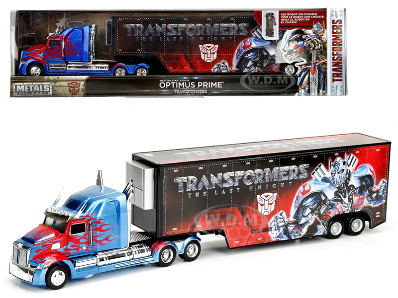 Brand new 1/64 scale diecast model of Western Star 5700 XE Optimus Prime Hauler "Transformers 5" die cast model by Jada.Has opening rear gate.Approximate dimensions: L-14 H-3 W-2 inches.