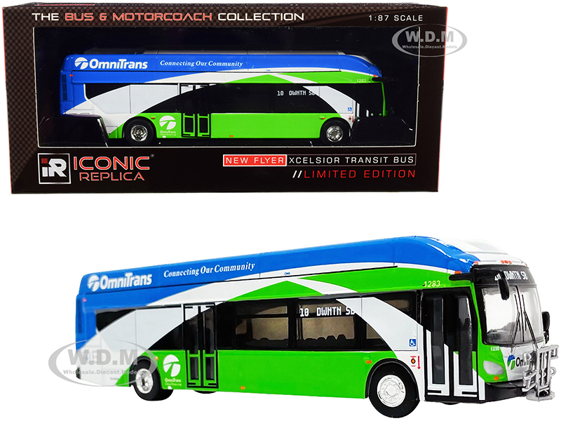 Image of New Flyer Xcelsior XN40 Transit Bus with Bike Rack 10 "OmniTrans" (San Bernardino) Green with Blue and White Stripes "The Bus &amp; Motorcoach Collec