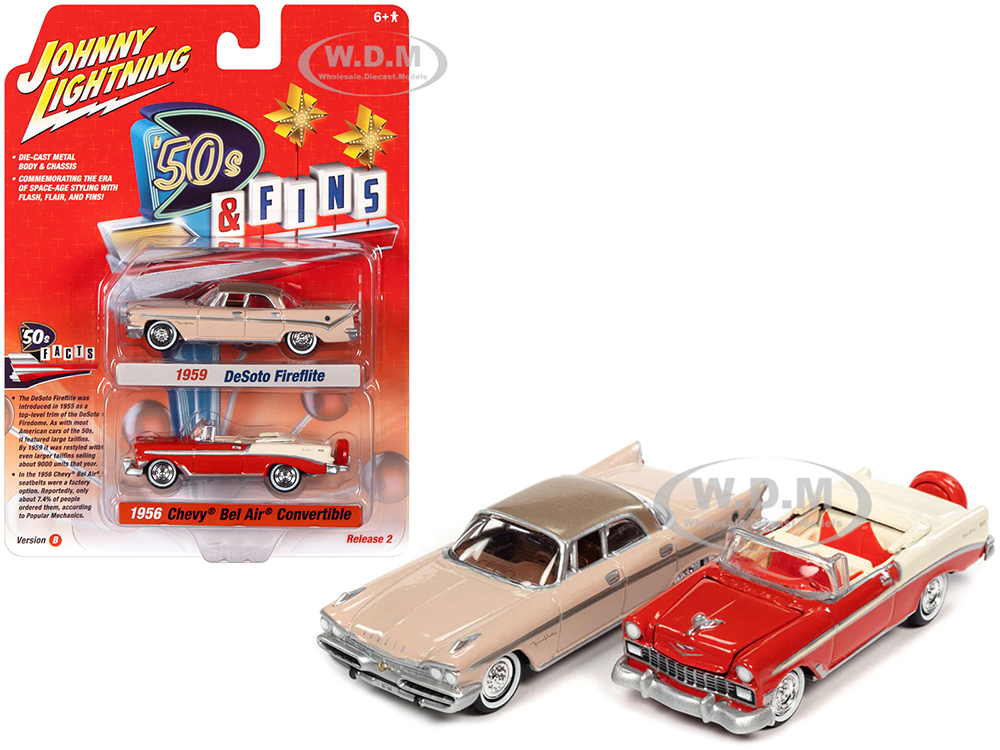1959 Desoto Fireflite Spring Rose Pink with Golden Tan Top and 1956 Chevrolet Bel Air Convertible Matador Red and White 50s &amp; Fins Series Set of 2 Cars 1/64 Diecast Model Cars by Johnny Lightning