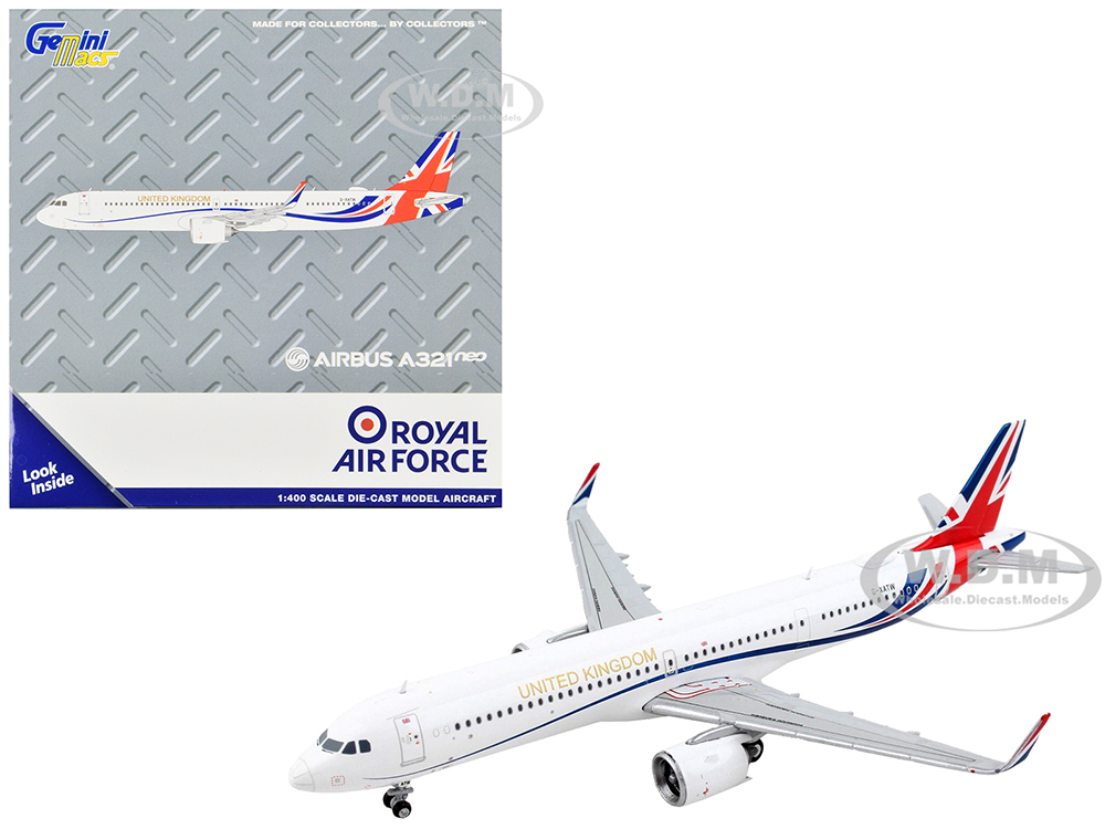 Airbus A321neo Transport Aircraft Royal Air Force - United Kingdom White with UK Flag Tail Gemini Macs Series 1/400 Diecast Model Airplane by GeminiJets