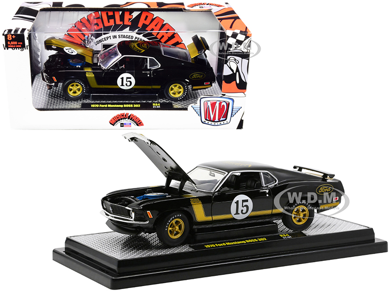 1970 Ford Mustang BOSS 302 15 "Muscle Parts" Black with Gold Stripes Limited Edition to 6600 pieces Worldwide 1/24 Diecast Model Car by M2 Machines