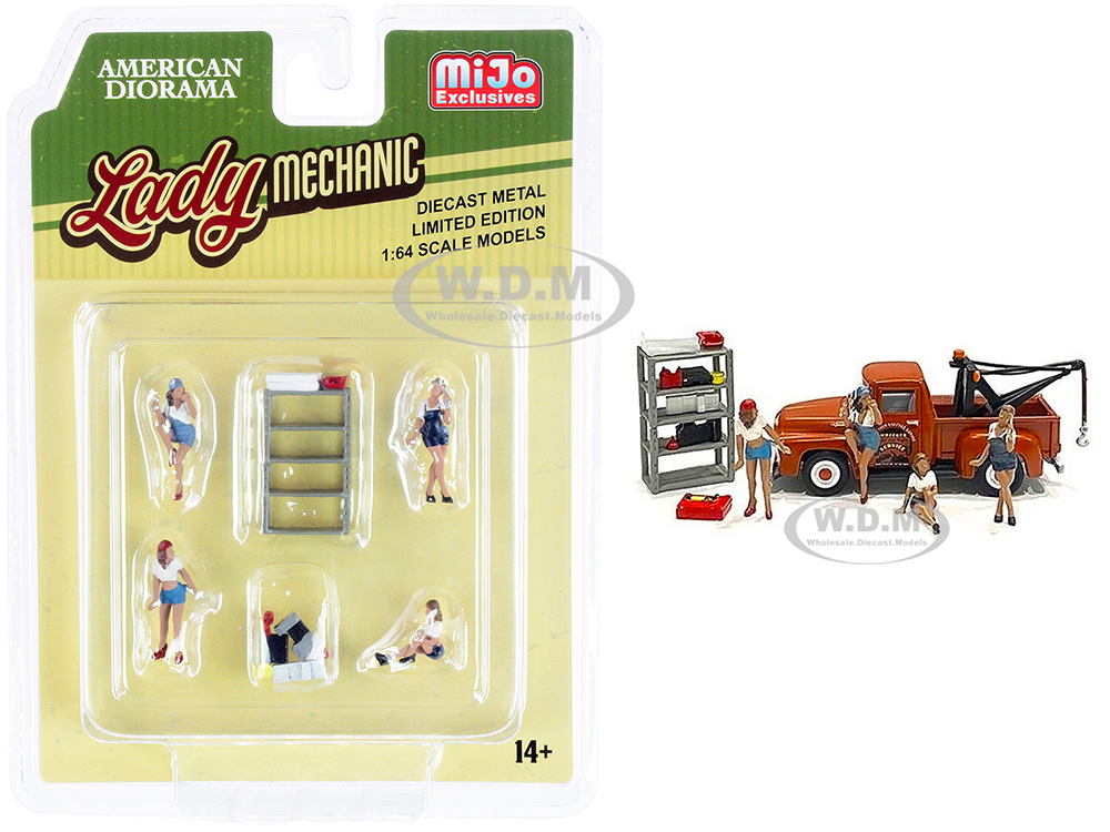 "Lady Mechanic" 6 piece Diecast Set (4 Figurines and 2 Accessories) for 1/64 Scale Models by American Diorama