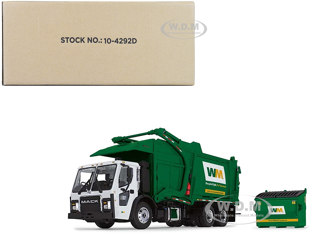 Mack LR Waste Management Refuse Garbage Truck with McNeilus Meridian Front Loader White and Green with Trash Bin 1/34 Diecast Model by First Gear