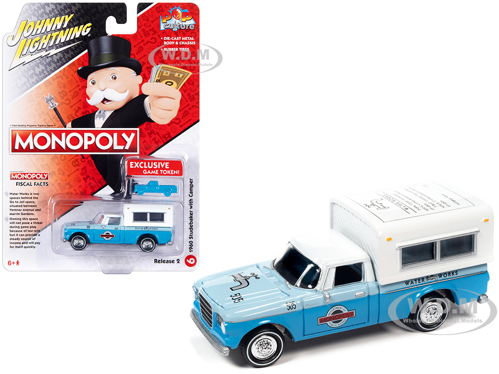 1960 Studebaker Pickup Truck Light Blue and Blue Two-Tone with Camper Water Works with Game Token Monopoly Pop Culture 2023 Release 2 1/64 Diecast Model Car by Johnny Lightning
