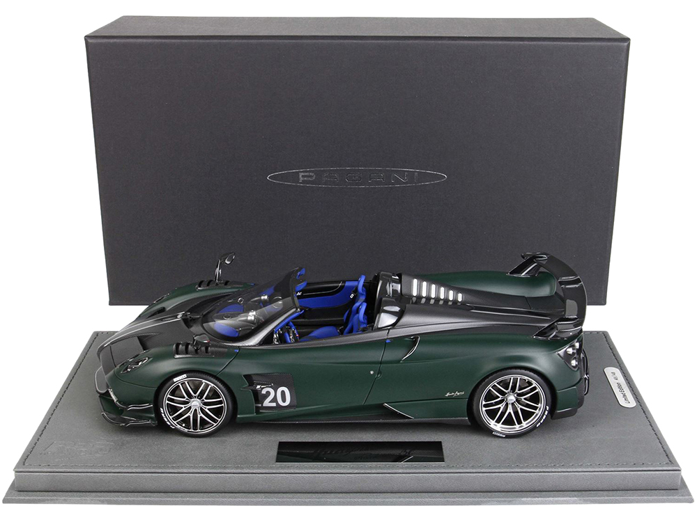 Pagani Huayra Roadster BC Matt Dark Green and Matt Carbon Black with Black and Silver Stripes with DISPLAY CASE Limited Edition to 48 pieces Worldwide 1/18 Model Car by BBR