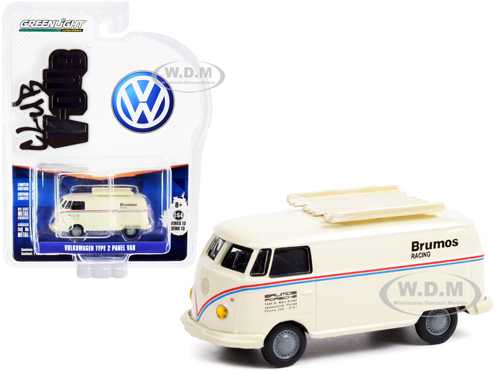 Volkswagen Type 2 Panel Van "Brumos Racing" Cream with Red and Blue Stripes "Club Vee V-Dub" Series 13 1/64 Diecast Model Car by Greenlight