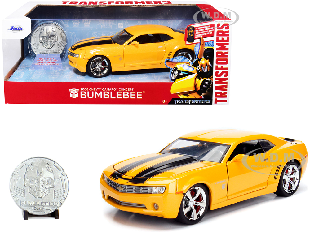 2006 Chevrolet Camaro Concept Yellow Bumblebee with Robot on Chassis and Collectible Metal Coin Transformers Movie 1/24 Diecast Model Car by Jada