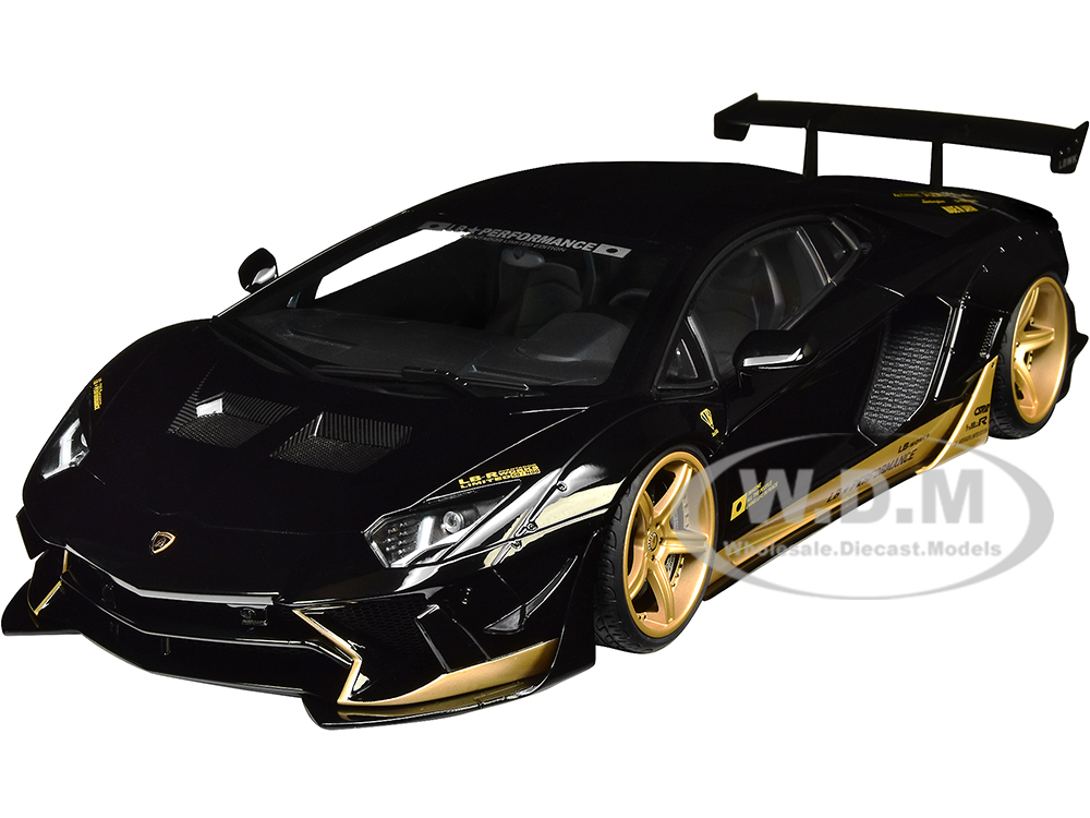 Lamborghini Aventador Liberty Walk LB-Works Gloss Black with Gold Accents Limited Edition 1/18 Model Car by Autoart