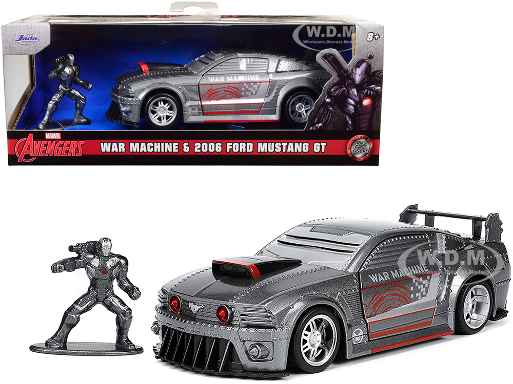 2006 Ford Mustang GT Gray Metallic and War Machine Diecast Figurine Avengers Marvel Series Hollywood Rides Series 1/32 Diecast Model Car by Jada