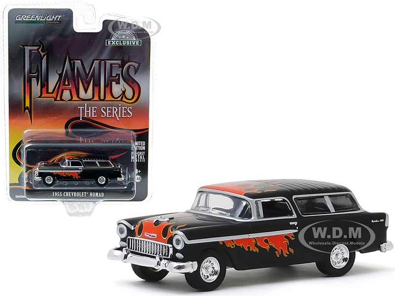 Image of 1955 Chevrolet Nomad Black with Flames "Flames The Series" "Hobby Exclusive" 1/64 Diecast Model Car by Greenlight