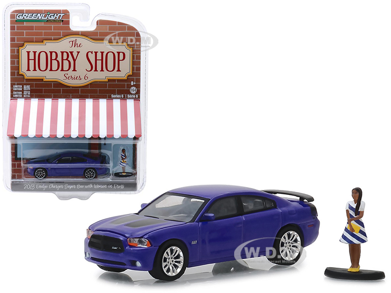 Image of 2013 Dodge Charger Super Bee Metallic Purple with Black Stripes and Woman in Dress Figure "The Hobby Shop" Series 6 1/64 Diecast Model Car by Greenli