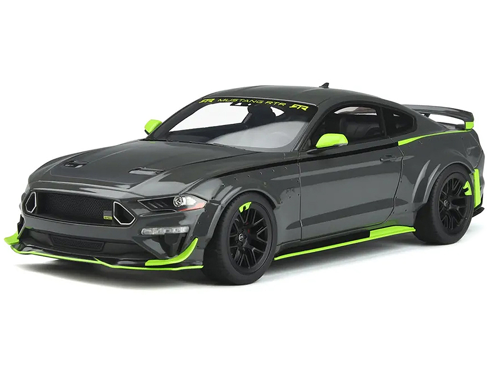 Ford Mustang RTR Spec 5 Gray with Black and Green Stripes 10th Anniversary 1/18 Model Car by GT Spirit