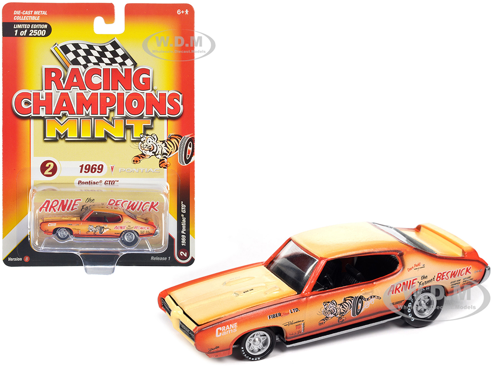 1969 Pontiac GTO Orange And Cream Fade With Graphics Arnie The Farmer Beswick Racing Champions Mint 2023 Release 1 Limited Edition To 2500 Pieces