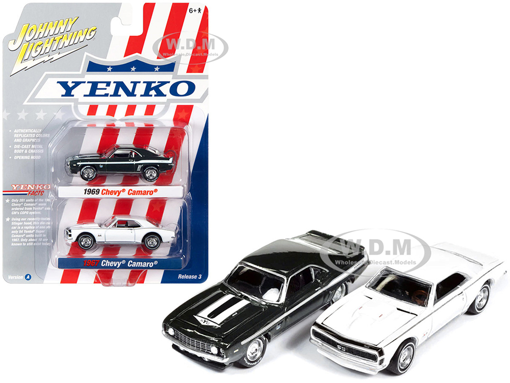 1969 Chevrolet Camaro Fathom Green Metallic with White Stripes and 1967 Chevrolet Camaro White with Black Nose Stripe Yenko Series Set of 2 Cars 1/64 Diecast Model Cars by Johnny Lightning