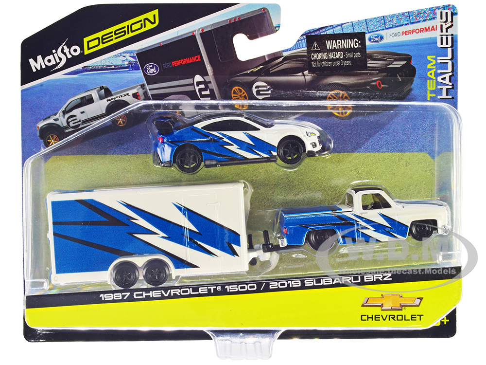 1987 Chevrolet 1500 Pickup Truck White with Blue Graphics and 2019 Subaru BRZ White with Blue Graphics with Enclosed Car Trailer Team Haulers Series 1/64 Diecast Model Car by Maisto
