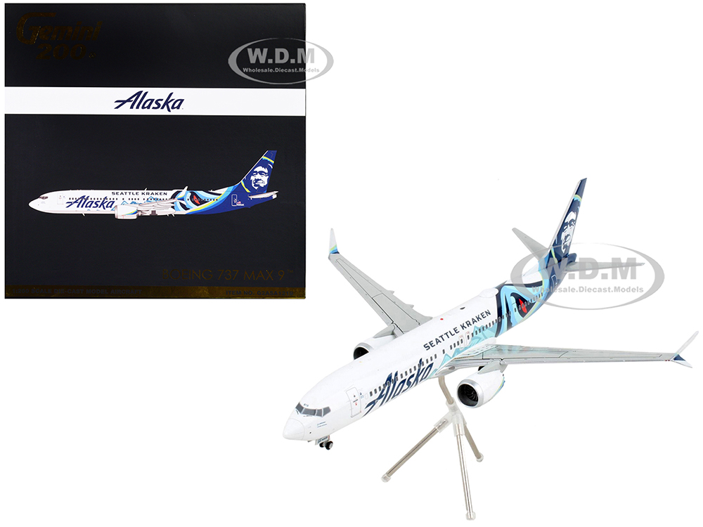 Boeing 737 MAX 9 Commercial Aircraft Alaska Airlines - Seattle Kraken White with Blue Tail Gemini 200 Series 1/200 Diecast Model Airplane by GeminiJets