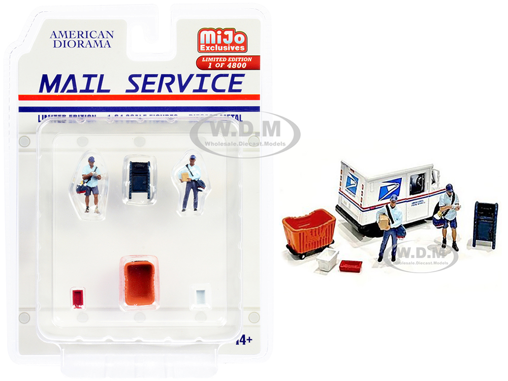Mail Service 6 piece Diecast Set (2 Male Mail Carrier Figurines and 4 Accessories) Limited Edition to 4800 pieces Worldwide for 1/64 Scale Models by American Diorama