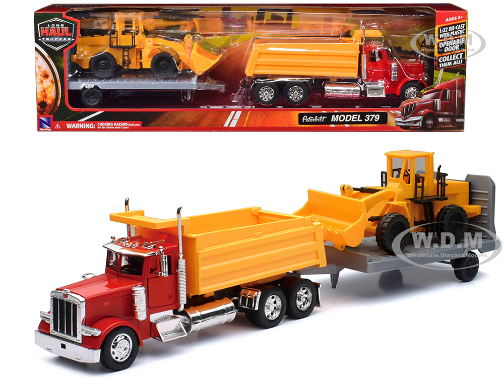 Peterbilt 379 Dump Truck Red and Wheel Loader Yellow with Flatbed Trailer "Long Haul Truckers" Series 1/32 Diecast Model by New Ray