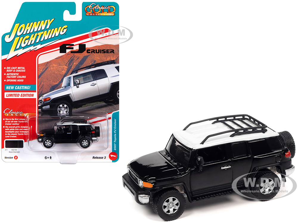 2007 Toyota FJ Cruiser Black Diamond with White Top and Roofrack Classic Gold Collection Series Limited Edition 1/64 Diecast Model Car by Johnny Lightning