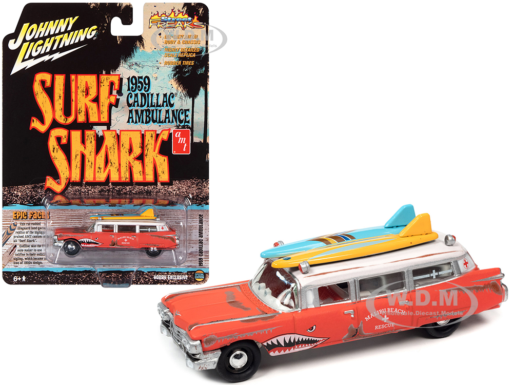 1959 Cadillac Ambulance Red with White Top Malibu Beach Rescue (Weathered) with Surfboards on Roof Surf Shark Street Freaks Series 1/64 Diecast Model Car by Johnny Lightning