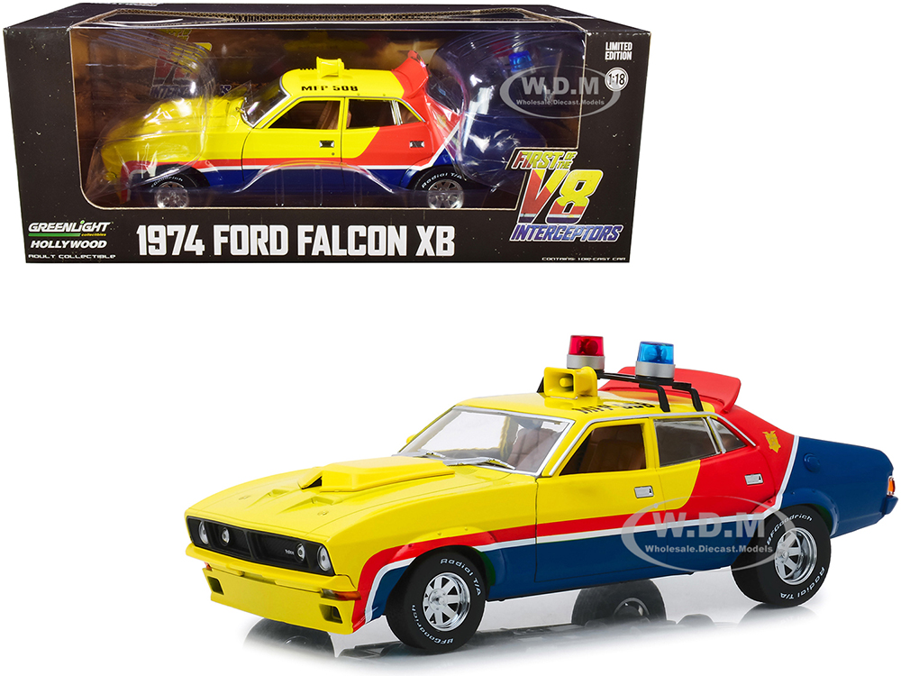 1974 Ford Falcon XB 4-Door Sedan RHD (Right Hand Drive) Yellow and Blue with Red Stripes "MFP 508" "First of the V8 Interceptors" (1979) Movie 1/18 D