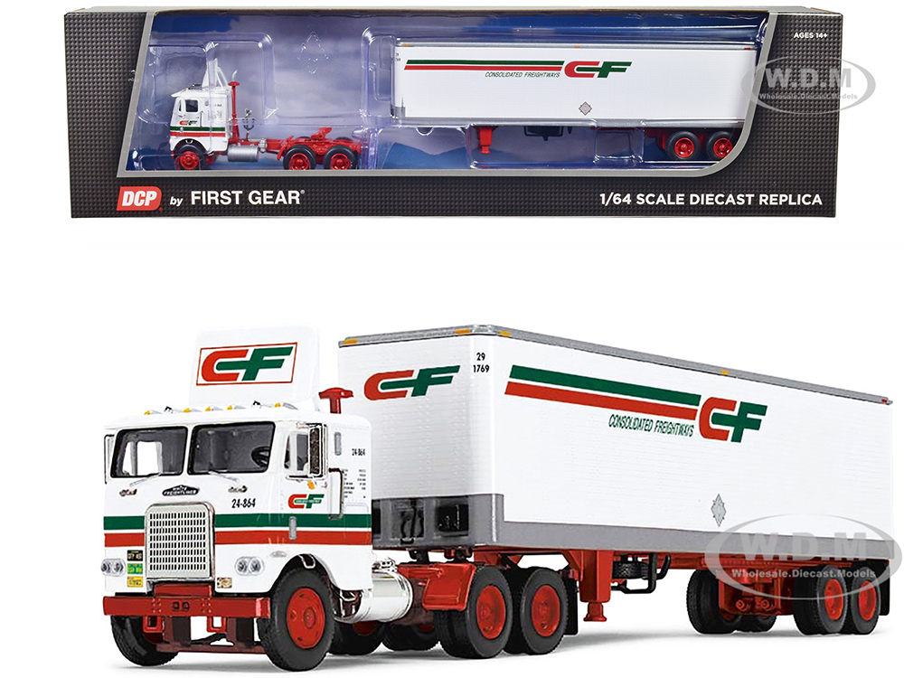Freightliner COE and 40 Vintage Dry Goods Trailer White with Red and Green Stripes 