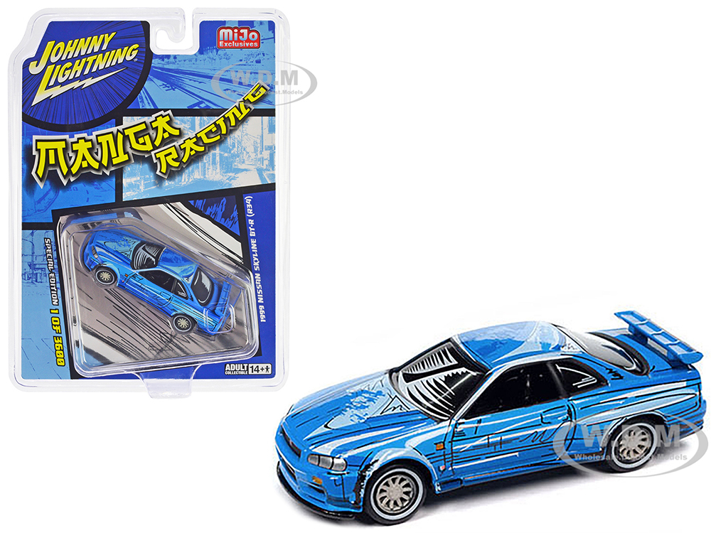 1999 Nissan Skyline GT-R (R34) RHD (Right Hand Drive) Blue with Graphics Manga Racing Limited Edition to 3600 pieces Worldwide 1/64 Diecast Model Car by Johnny Lightning